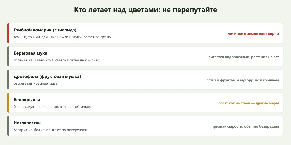 как отличить грибного комарика от береговой мухи, дрозофилы, белокрылки и ногохвосток
